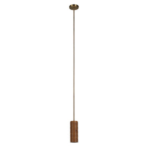 Rue pendant light with a ribbed brown shade and a sleek metal rod, hanging from a round ceiling mount.