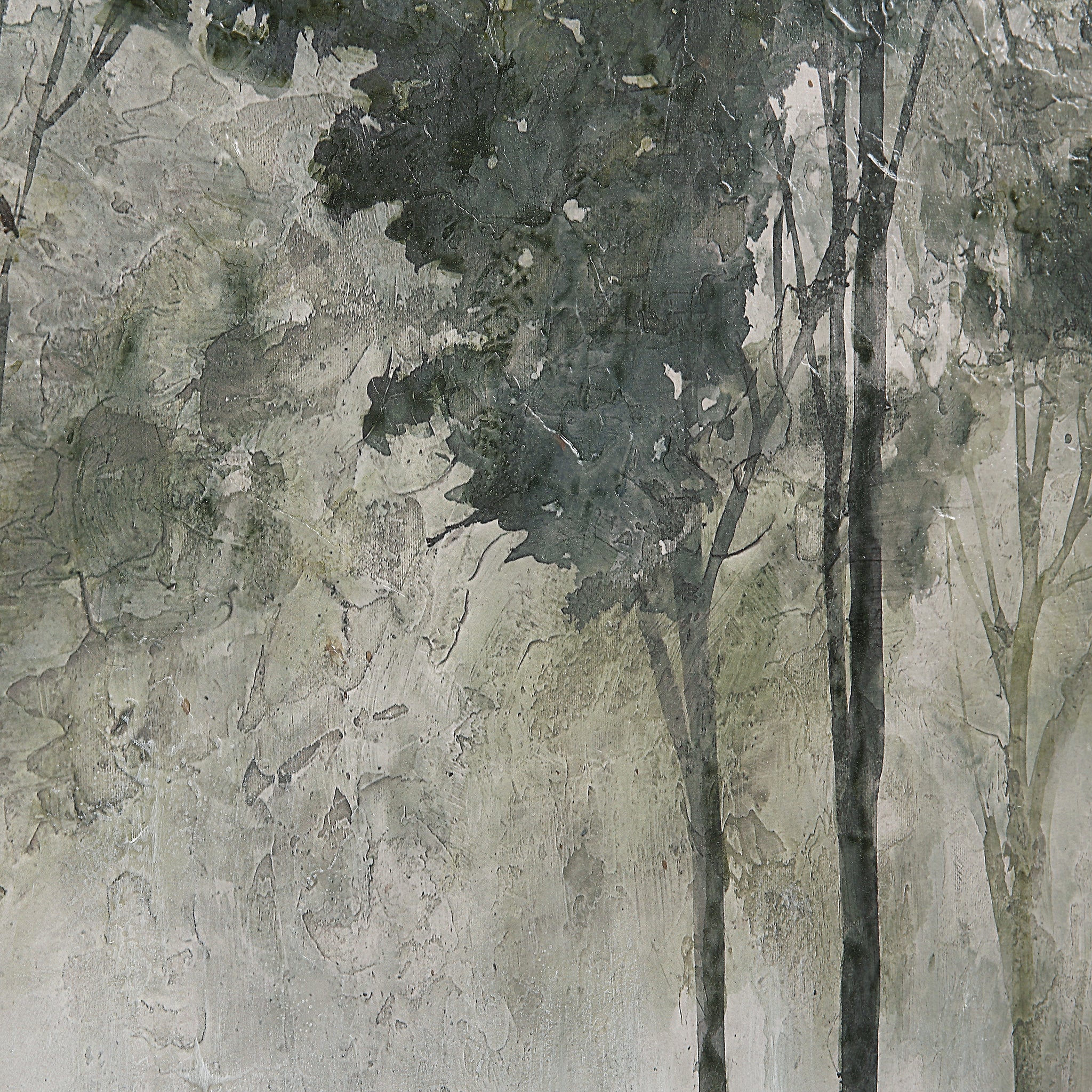 Close-up of Potter canvas art depicting textured trees in a foggy landscape
