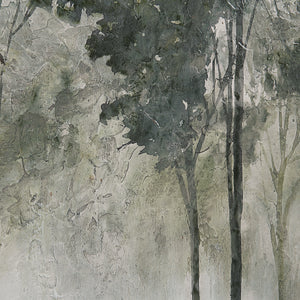 Close-up of Potter canvas art depicting textured trees in a foggy landscape