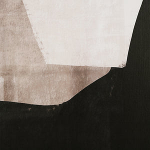 Detail of Caramelo wall art featuring abstract shapes in taupe and black on textured canvas.