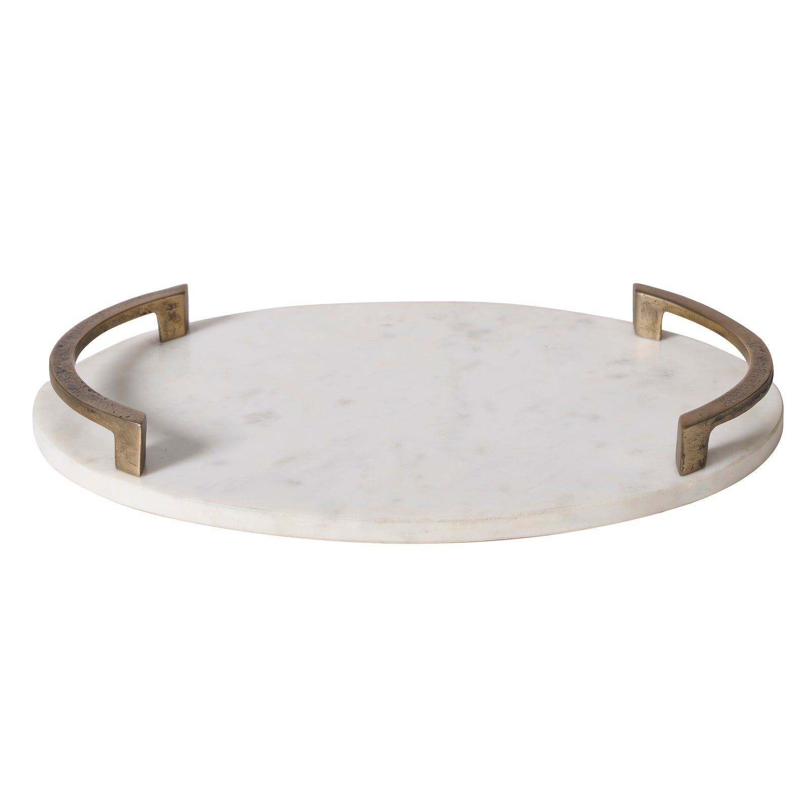 Bianca vase with a round white marble base and bronze handles, viewed from the side.