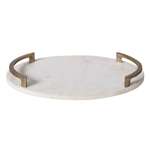 Bianca vase with a round white marble base and bronze handles, viewed from the side.