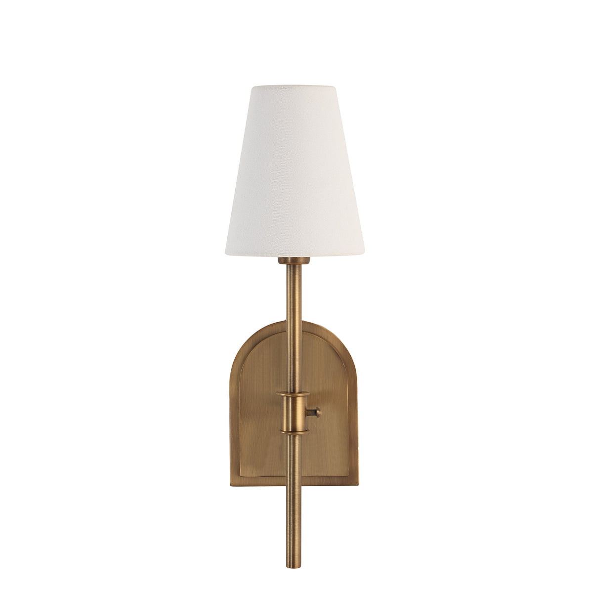 Montreux wall sconce with a white fabric shade and brass finish, featuring a sleek design.