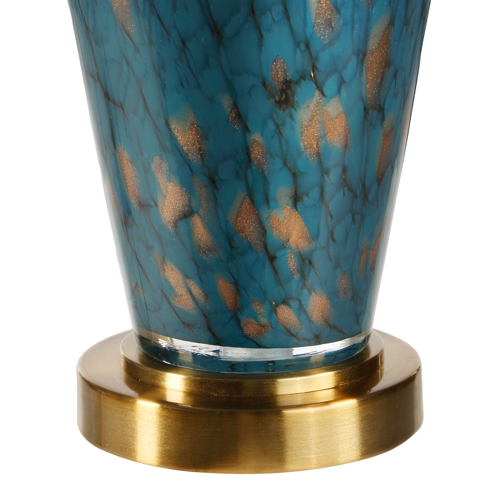 Milo Table Lamp with a teal ceramic base and white fabric shade, featuring a gold accent.