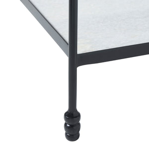 Giulia table featuring a black metal leg and light gray stone shelf, viewed from the side.