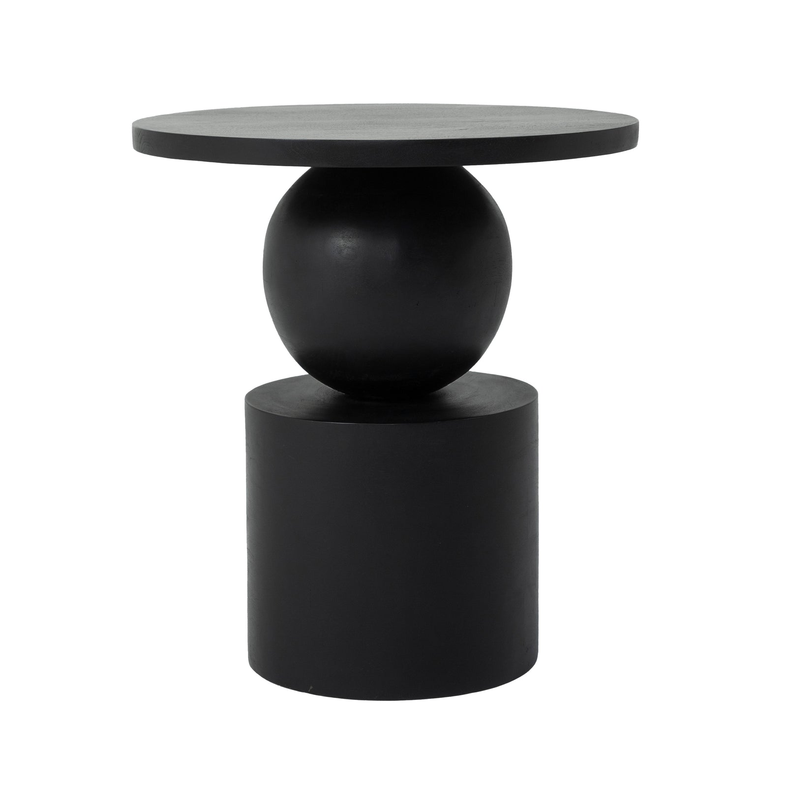 Paola side table in black with a round top and spherical base.