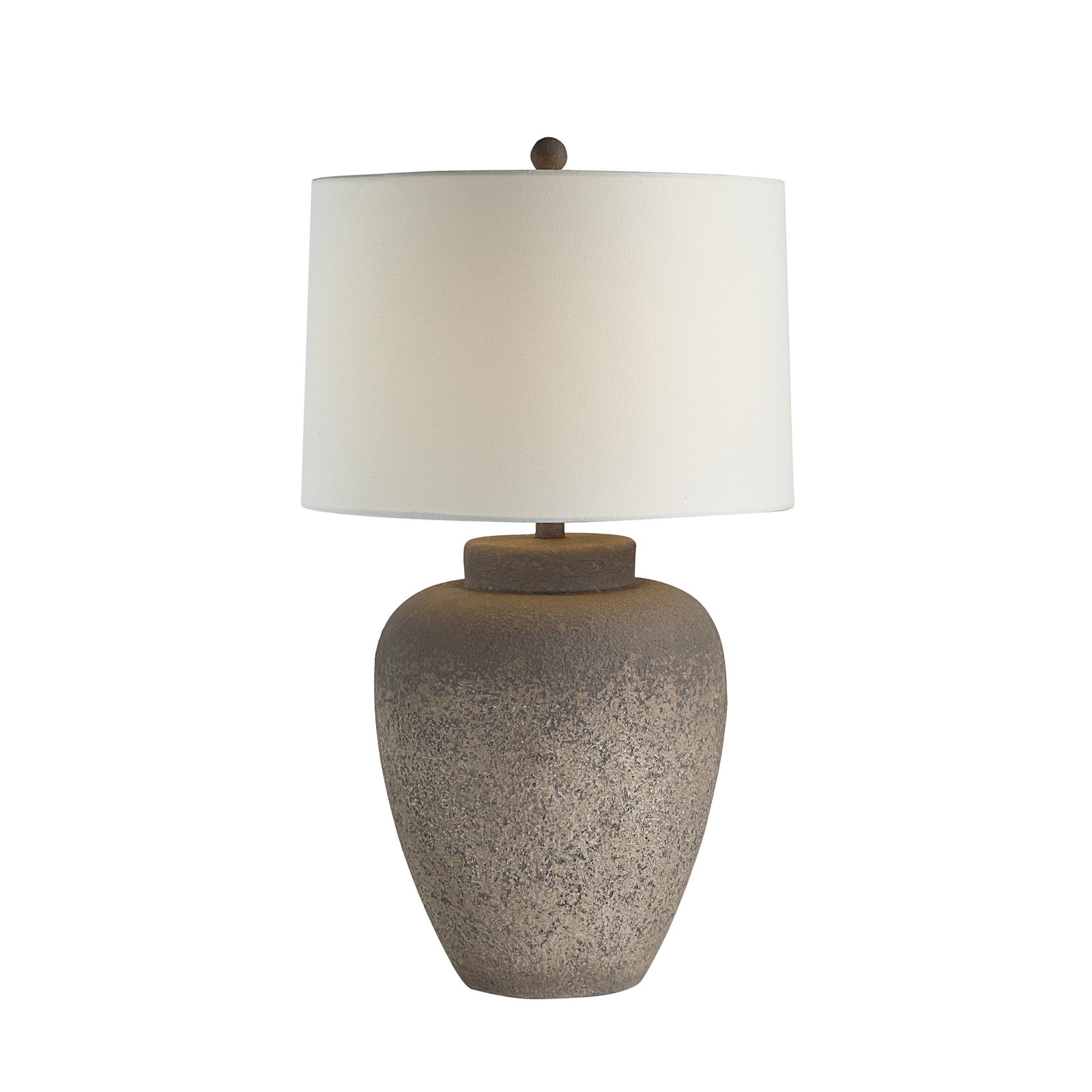 Lattuga table lamp with a textured brown ceramic base and white fabric shade