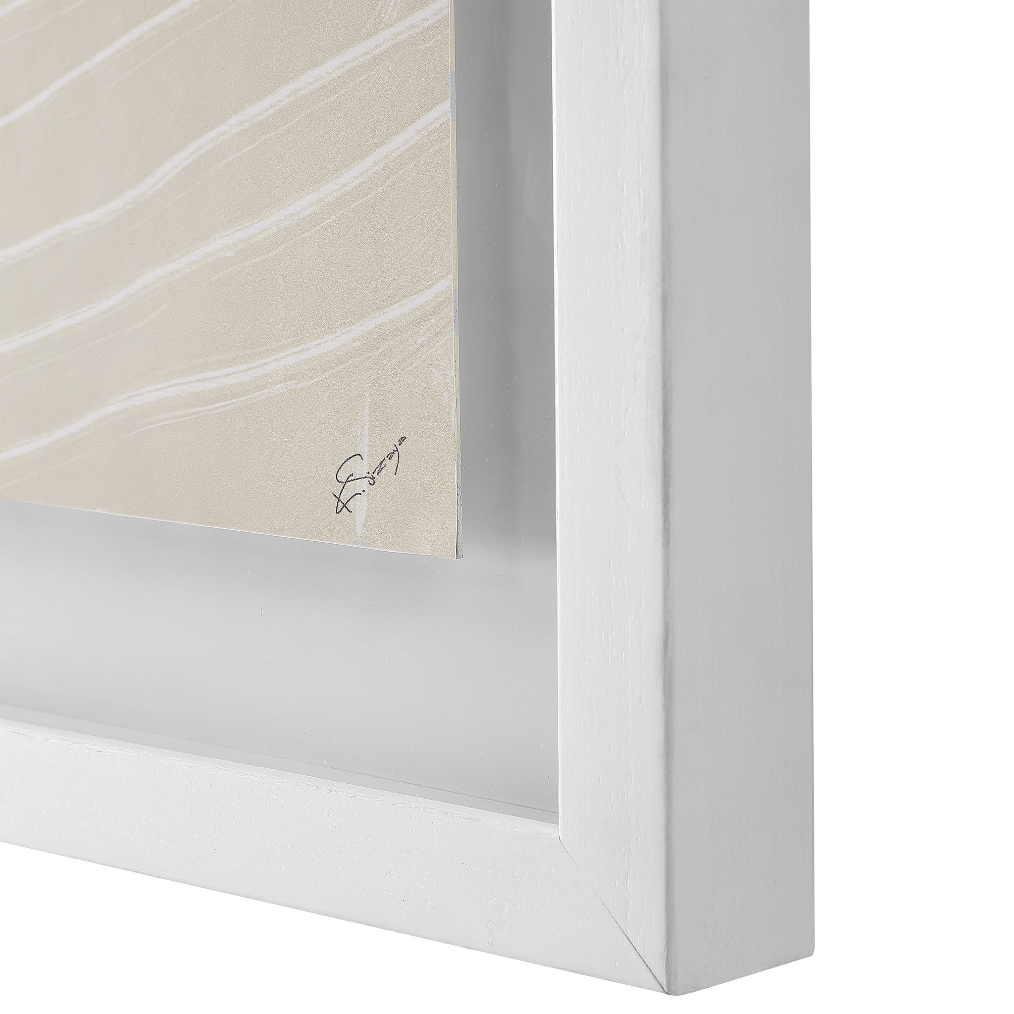 Close-up of Marlon wall art showing beige background with white lines, framed in white.