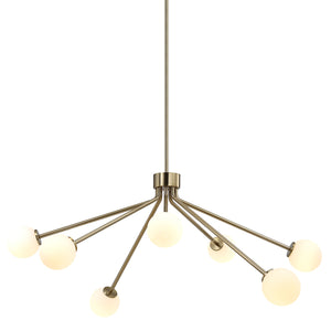 Mundo Ceiling Fixture displaying six glowing white globes, gold metal structure, modern lighting design.