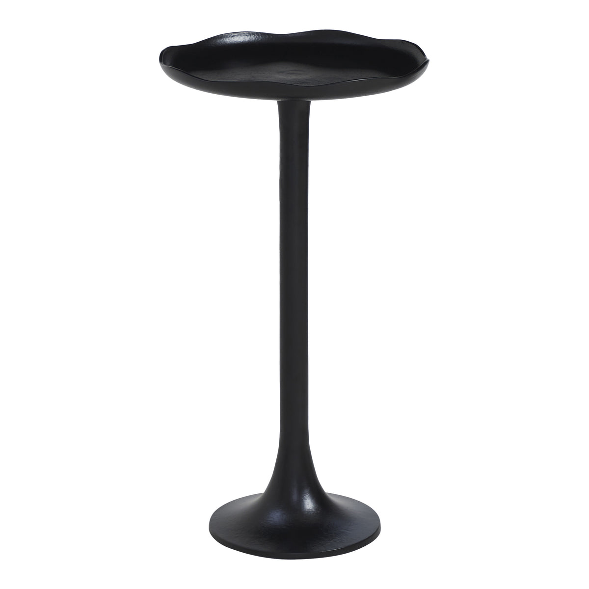 Fiora side table in black with a unique flower-shaped top and slender base.