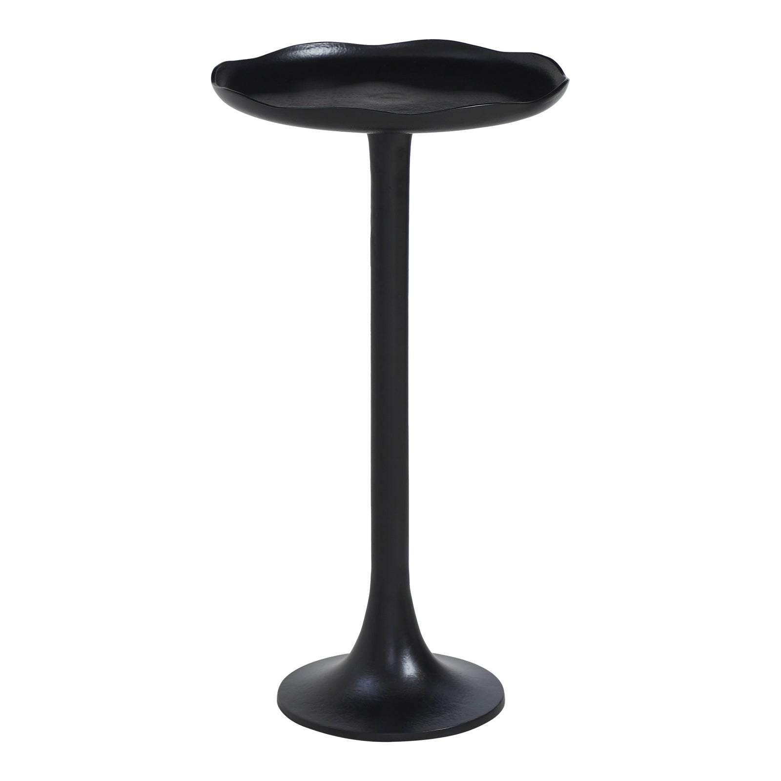 Fiora side table in black with a unique flower-shaped top and slender base.