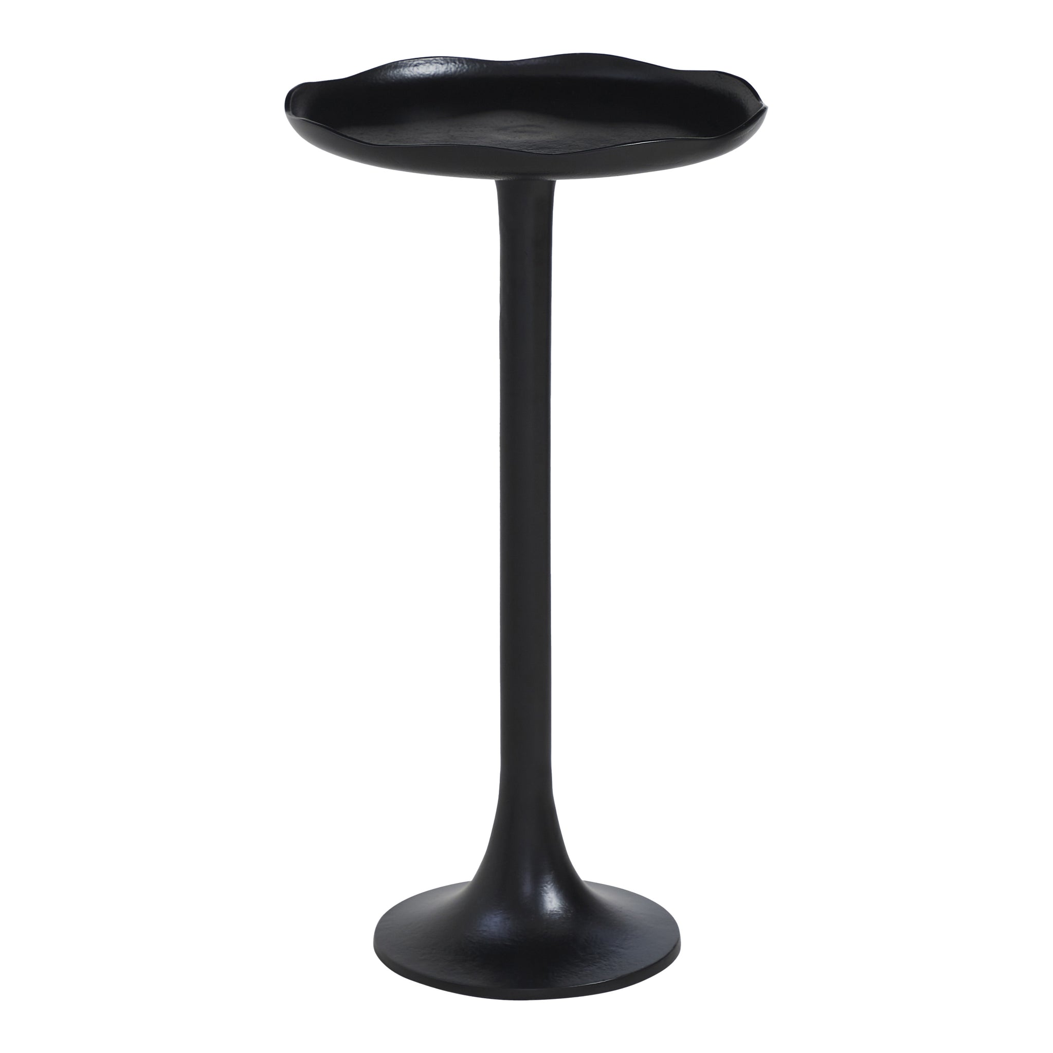 Fiora side table in black with a unique flower-shaped top and slender base.