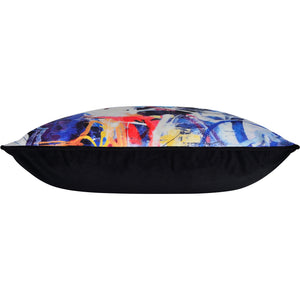 Side view of Tori Indoor Pillow featuring a colorful top and a solid black bottom.