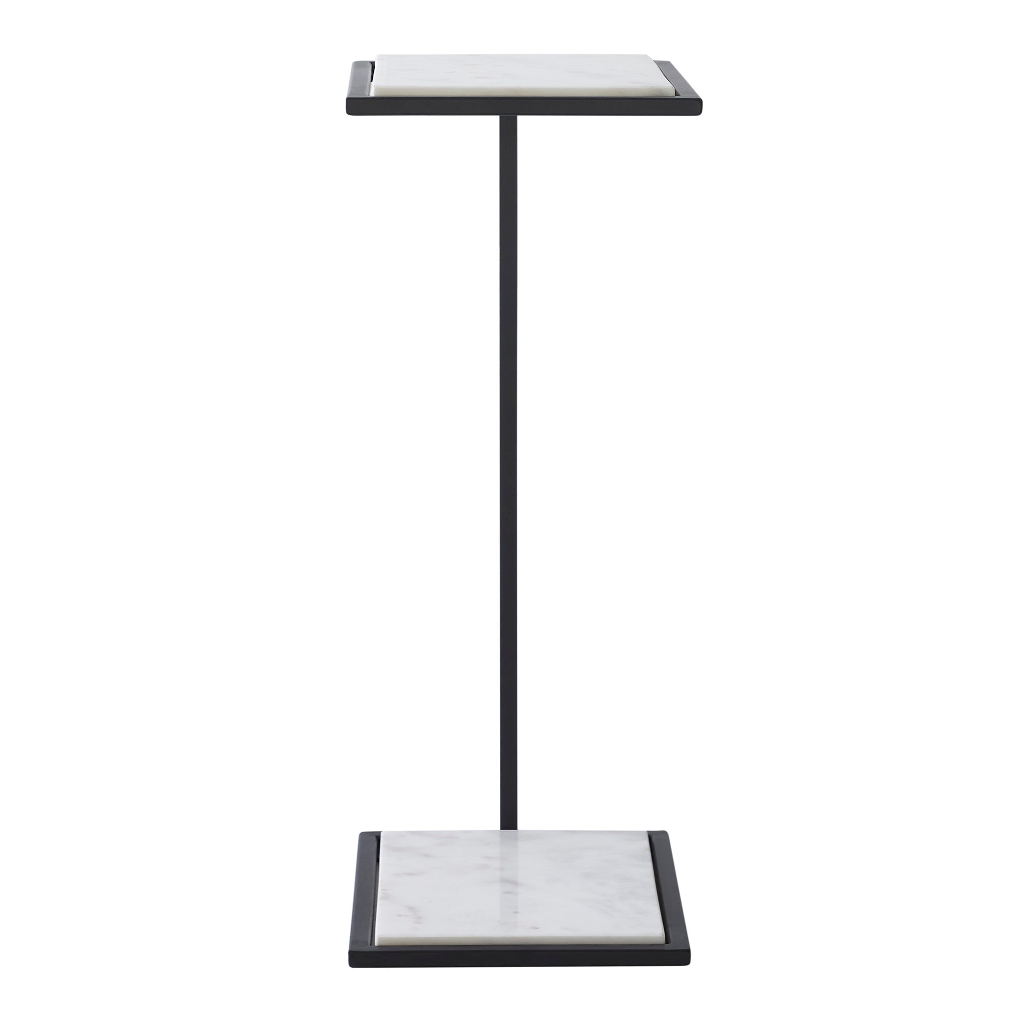 Danica Table by Renwil with white marble top and black metal base, side view.