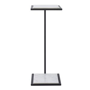 Danica Table by Renwil with white marble top and black metal base, side view.