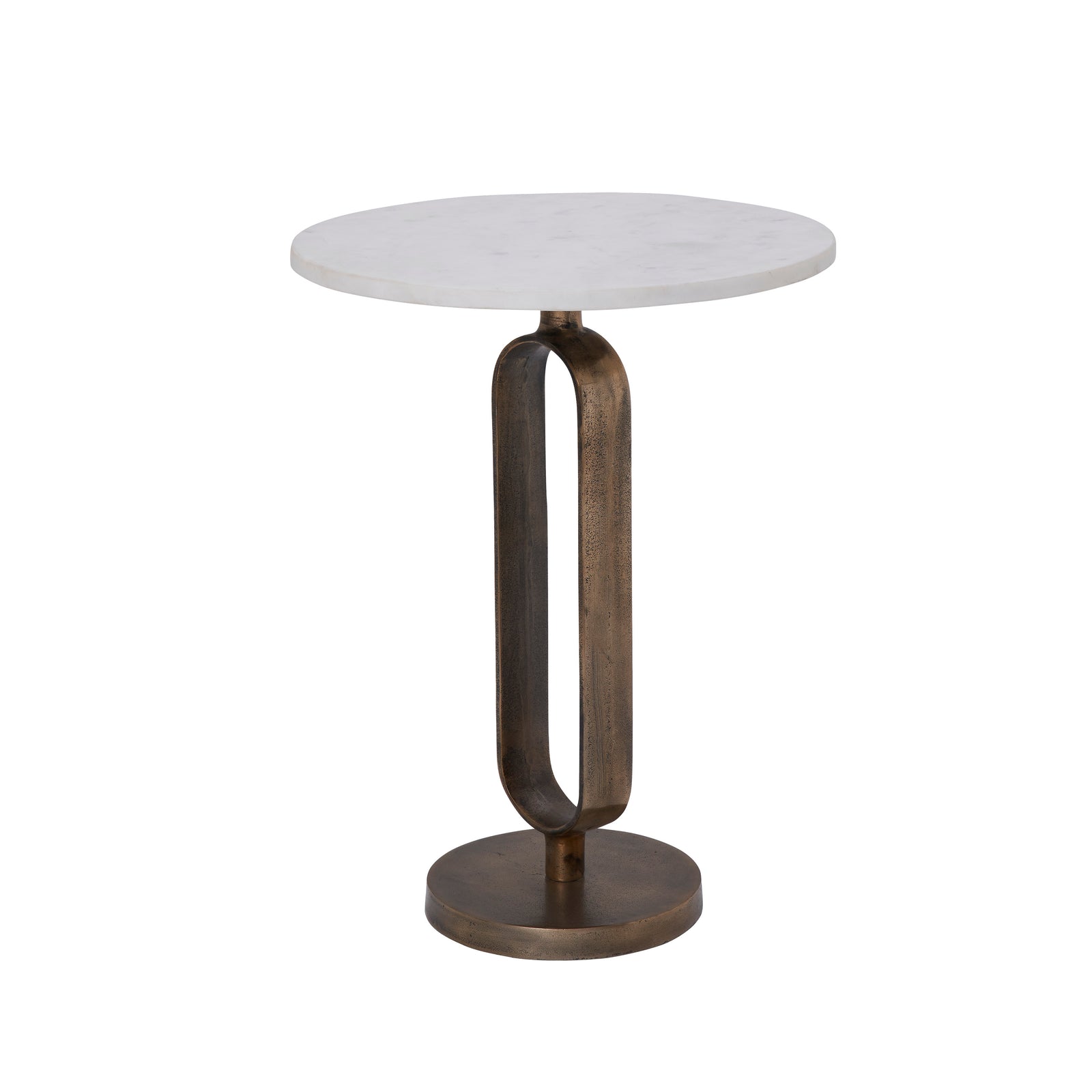 Irene Side Table with two round marble tops and bronze metal bases, showcasing modern design.