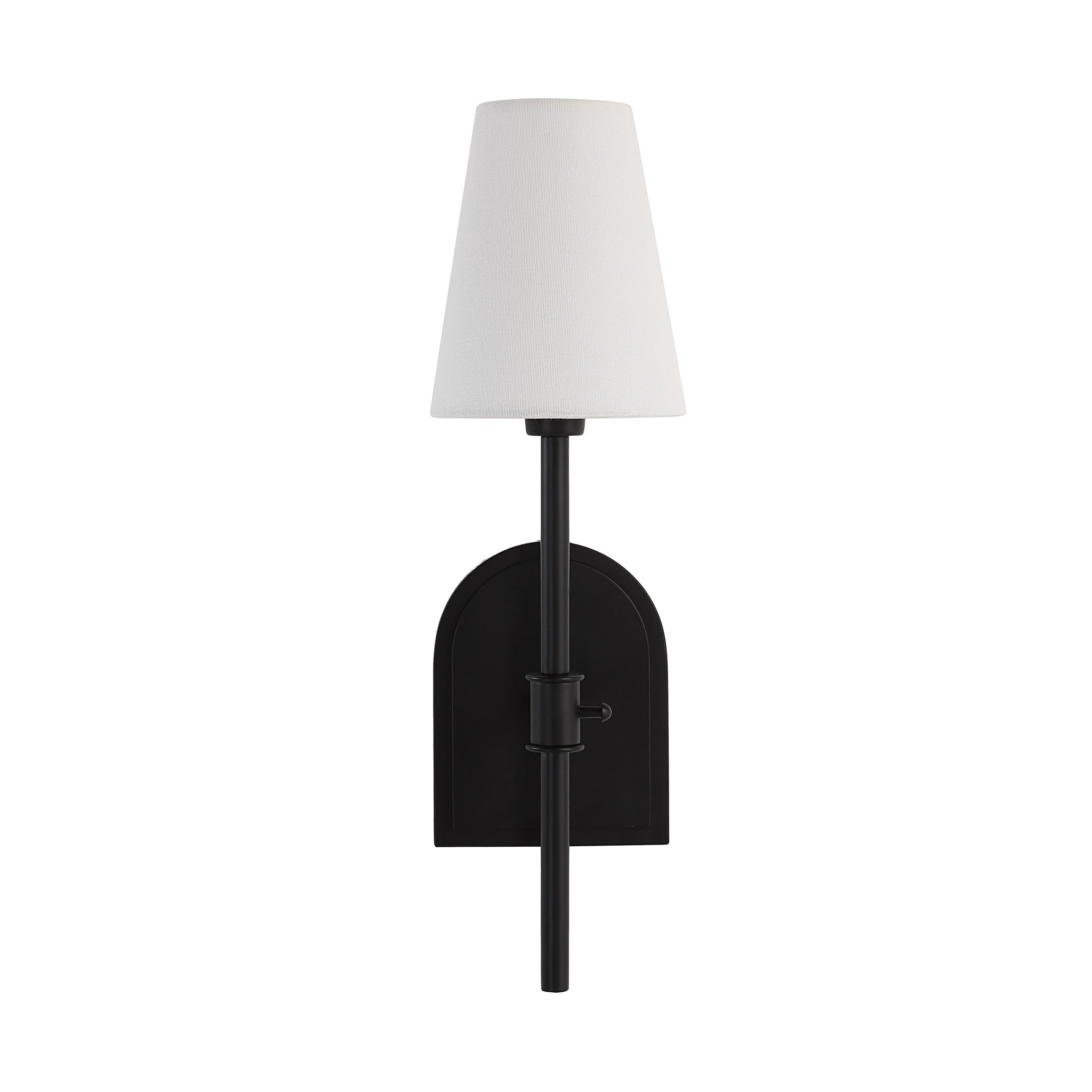 Mililani wall sconce featuring a white fabric shade and black metal base, front view.
