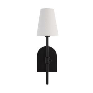 Mililani wall sconce featuring a white fabric shade and black metal base, front view.
