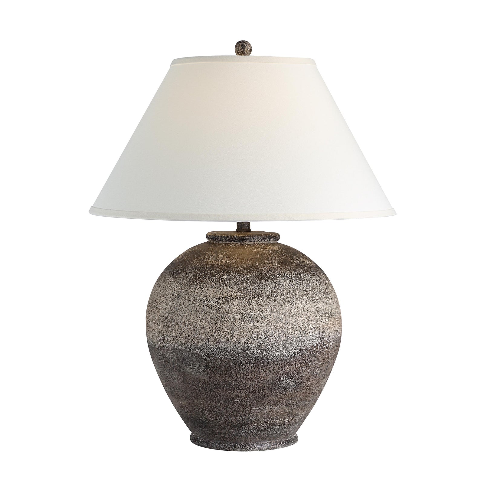 Bronce Table Lamp with a textured dark gray ceramic base and white fabric shade