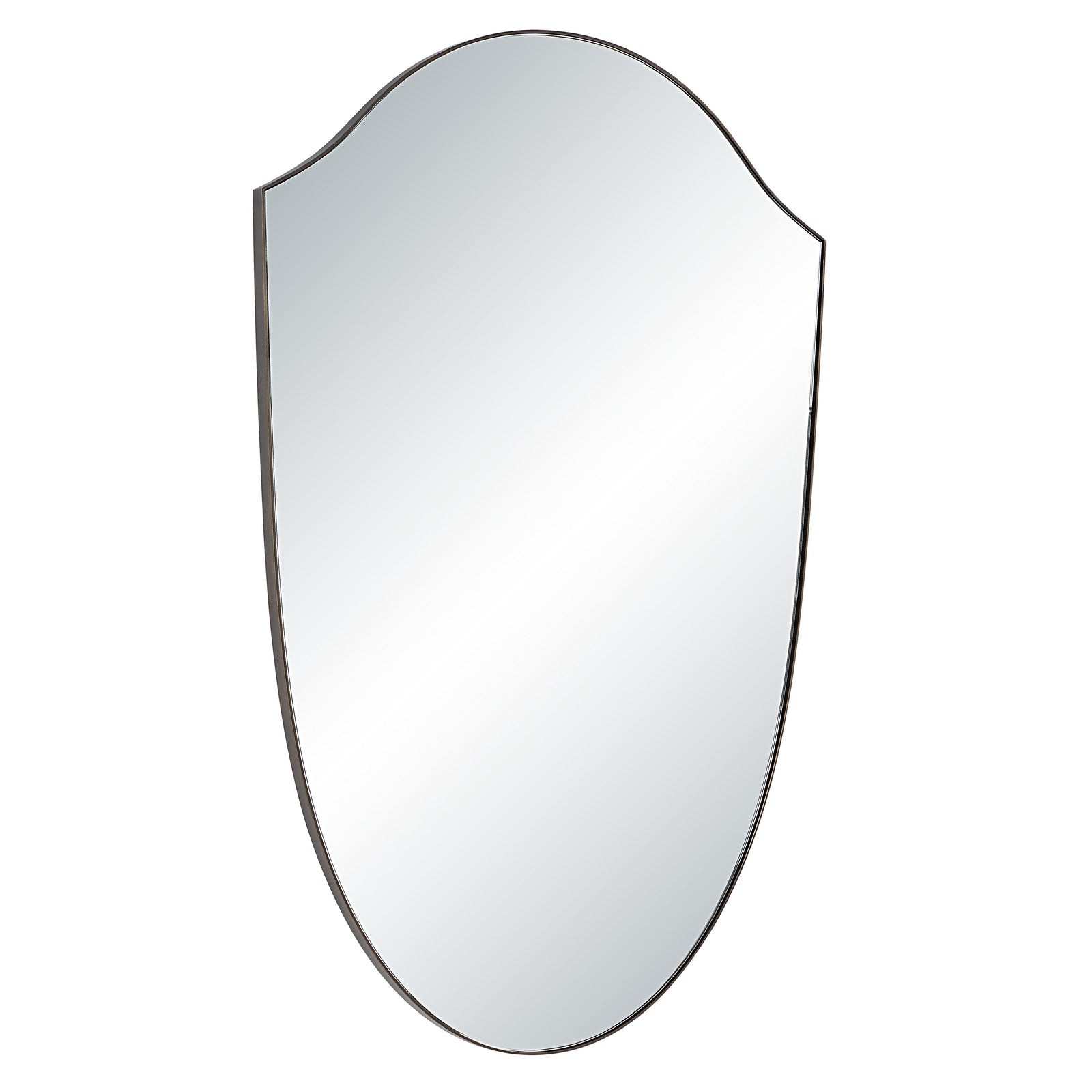 Reims mirror by Renwil, shield-shaped, reflective surface with smooth edges.