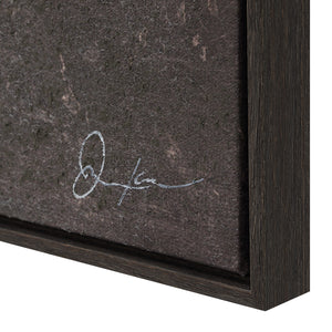 Close-up of the Falco canvas art signature on a textured surface, with a dark wooden frame.