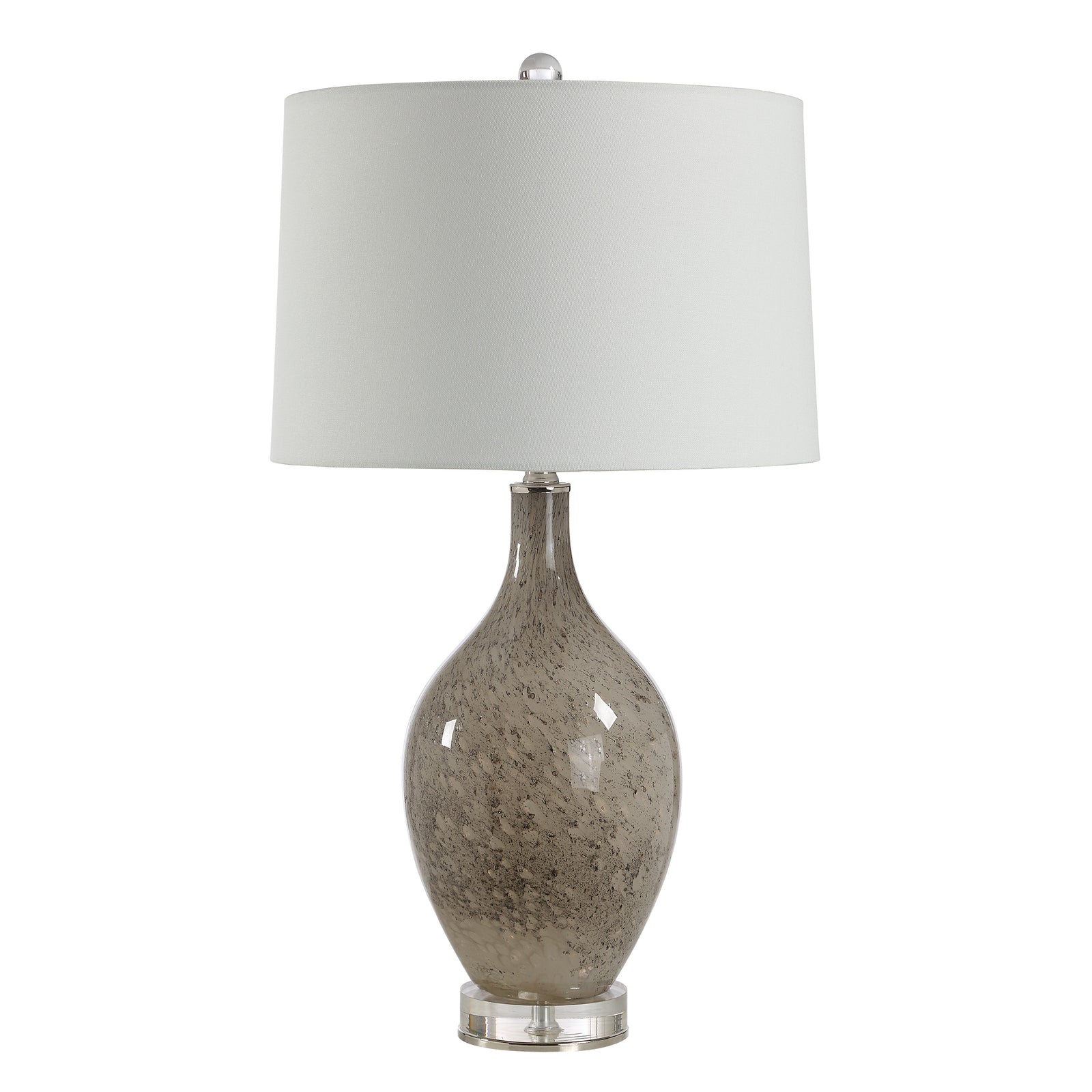 Vienne Table Lamp with a speckled gray glass base and white fabric shade.