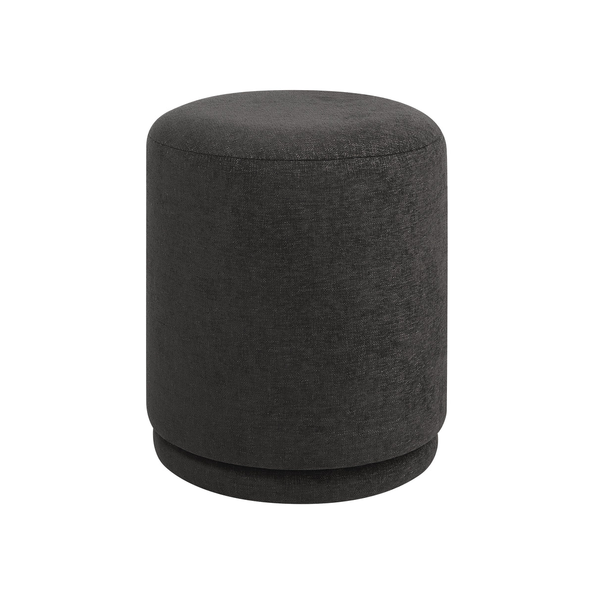 Hevea stool in dark gray fabric, round shape with a smooth top and base.