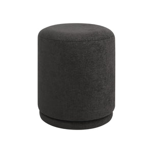 Hevea stool in dark gray fabric, round shape with a smooth top and base.