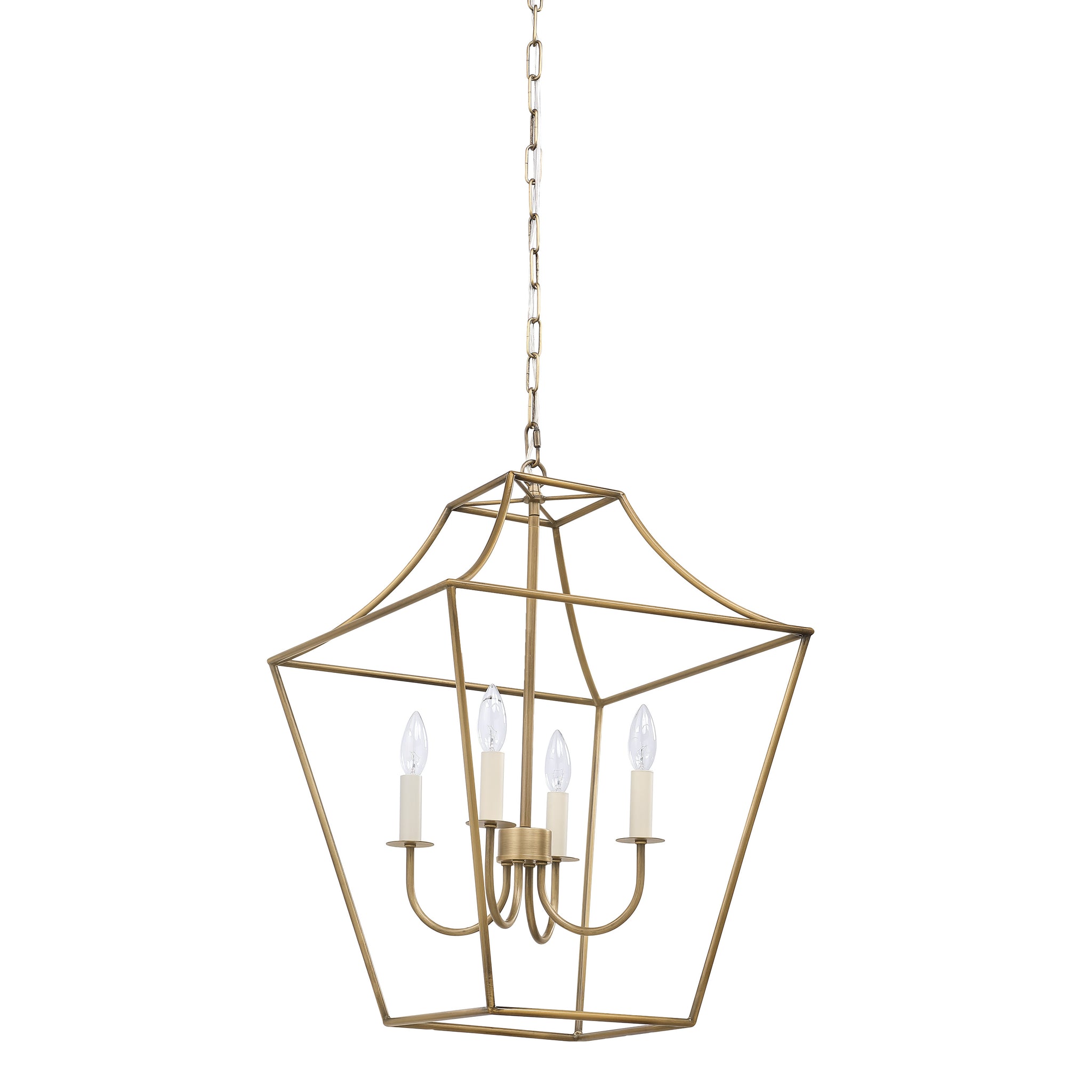 Versailles pendant light featuring a gold metal frame with a geometric design and four candle-style bulbs