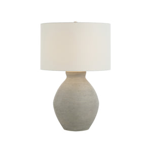 Delfino table lamp featuring a light gray ceramic base and a white fabric shade.