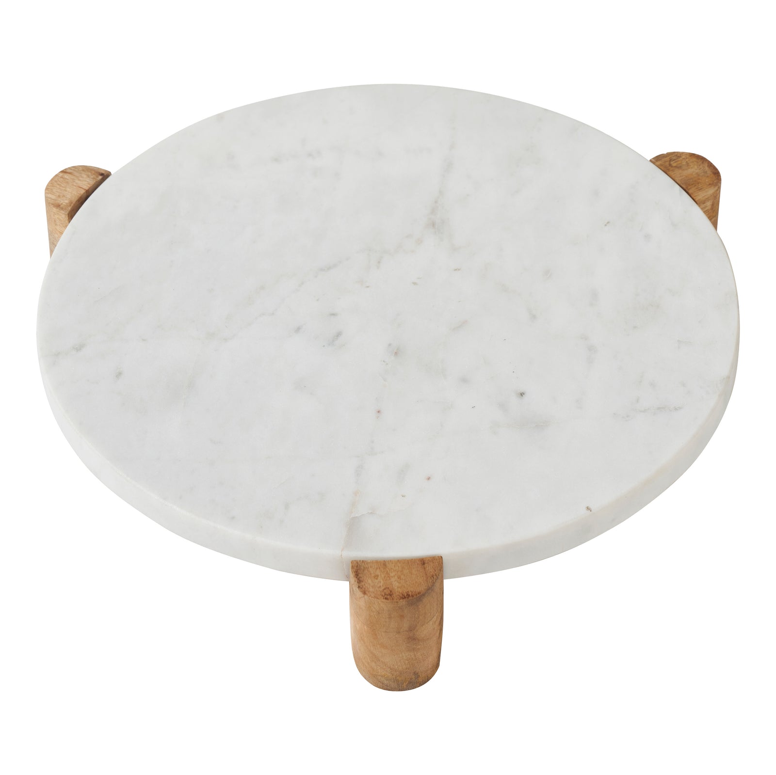 Lance marble serving tray with wooden legs, round shape, white marble top, natural wood base.
