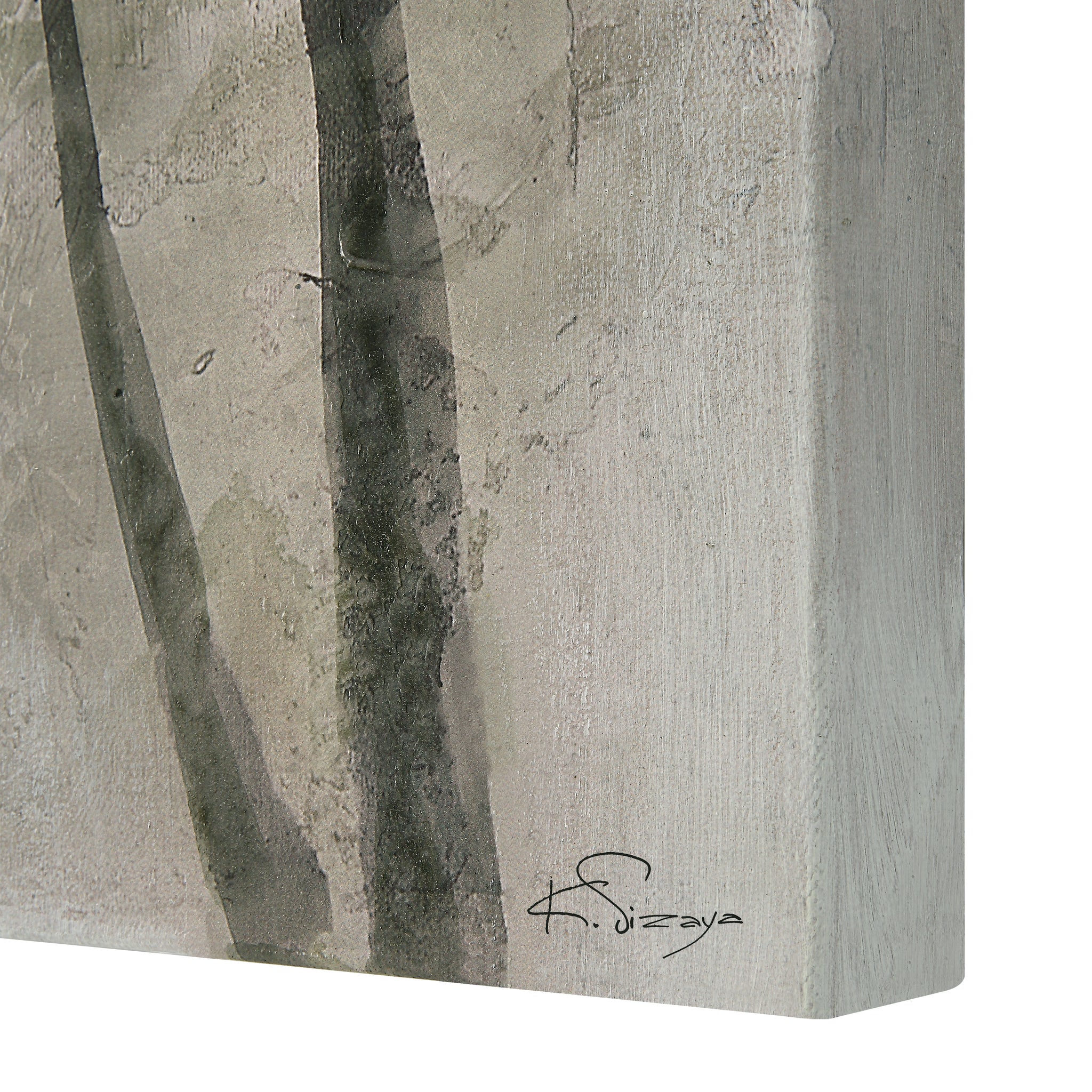 Potter canvas art featuring abstract dark tree silhouettes on a textured light gray background