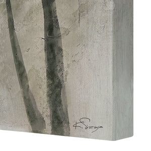 Potter canvas art featuring abstract dark tree silhouettes on a textured light gray background