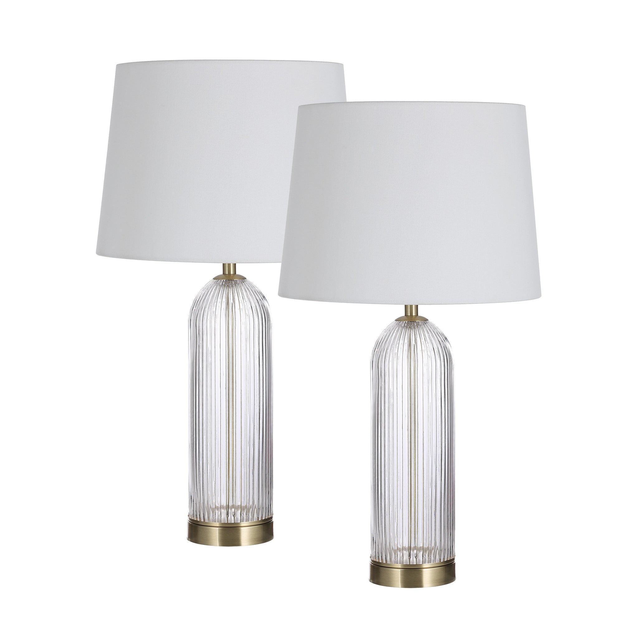 Ocala Table Lamp set of two with clear ribbed glass base and white fabric shades