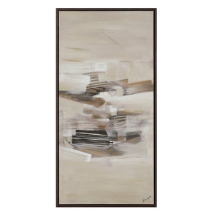 Lux canvas art with abstract design in beige and gray, framed in dark wood