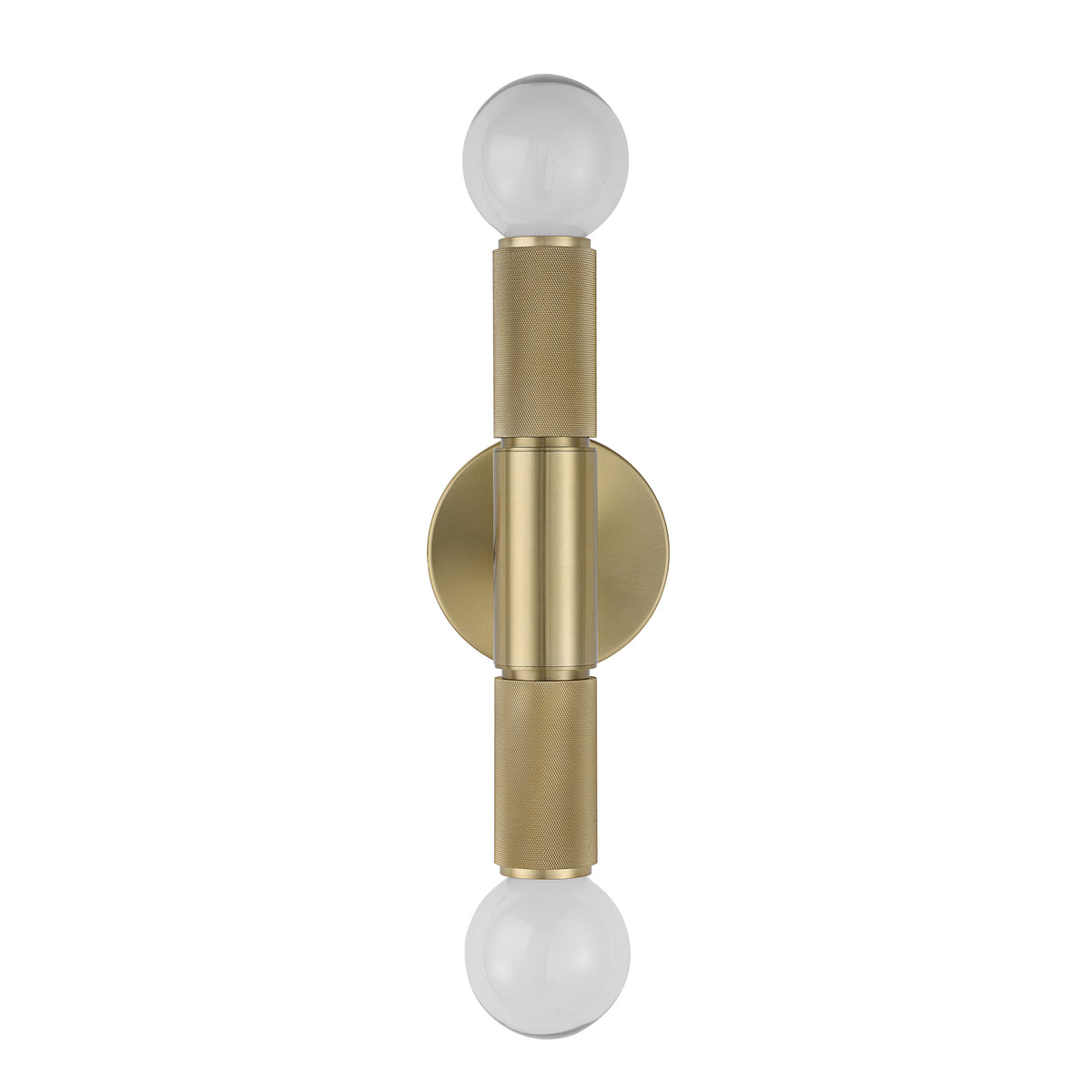 Tovi Wall Sconce in brass with two globes and textured cylindrical details