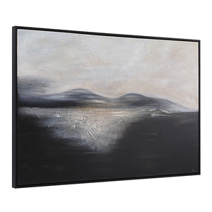 Suez canvas art showcasing a serene landscape with soft gray and black hues, framed in black.