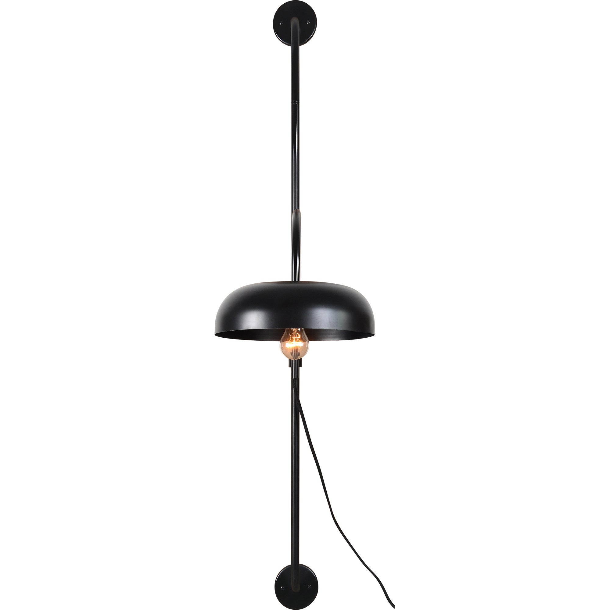 Draco Wall Sconce featuring a black finish and illuminated bulb, designed for wall mounting.