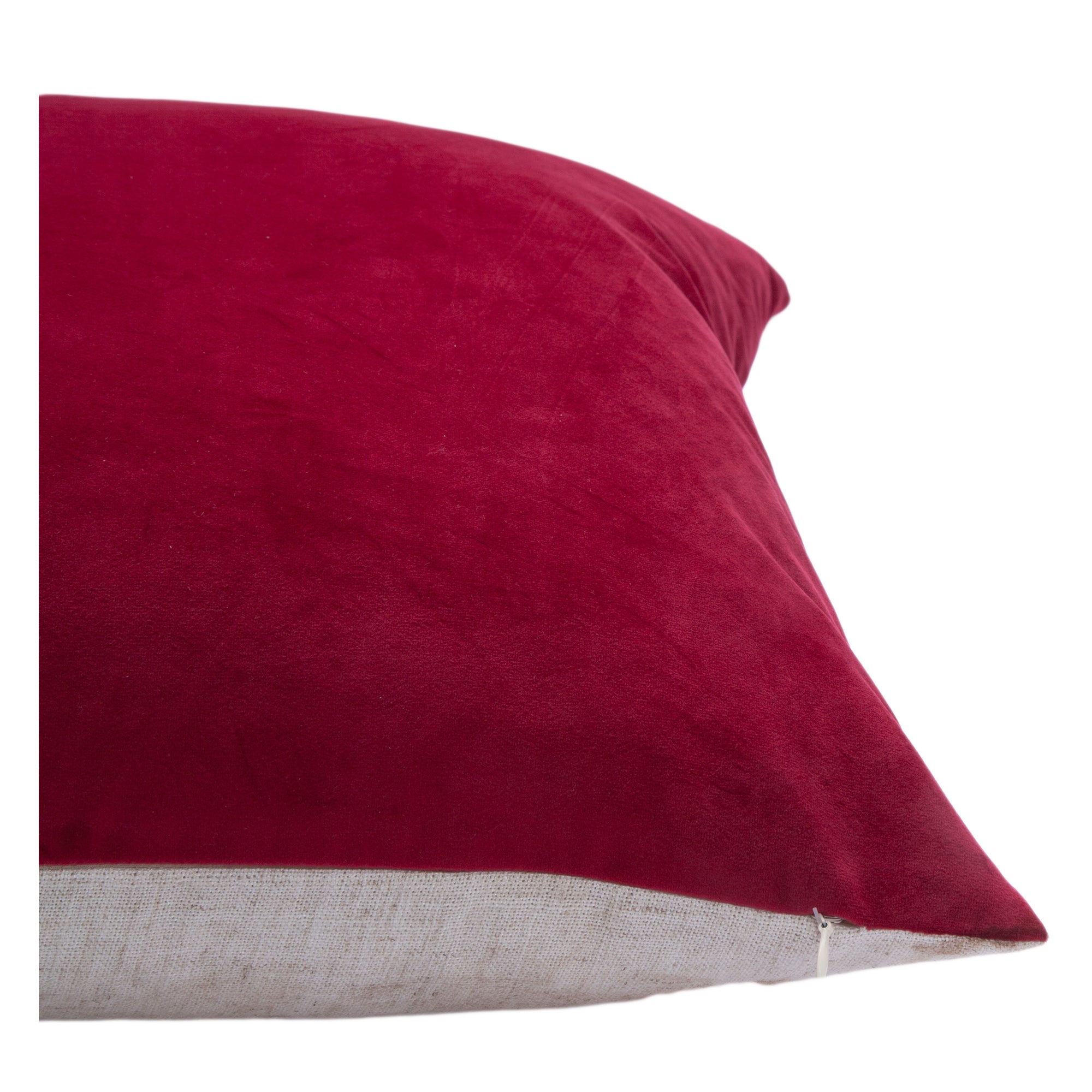 Cora Indoor Pillow featuring a burgundy velvet top and a linen bottom edge.