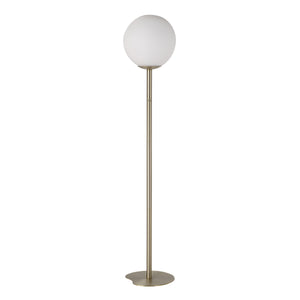 Koloa floor lamp with a white globe shade and a stylish brass base.
