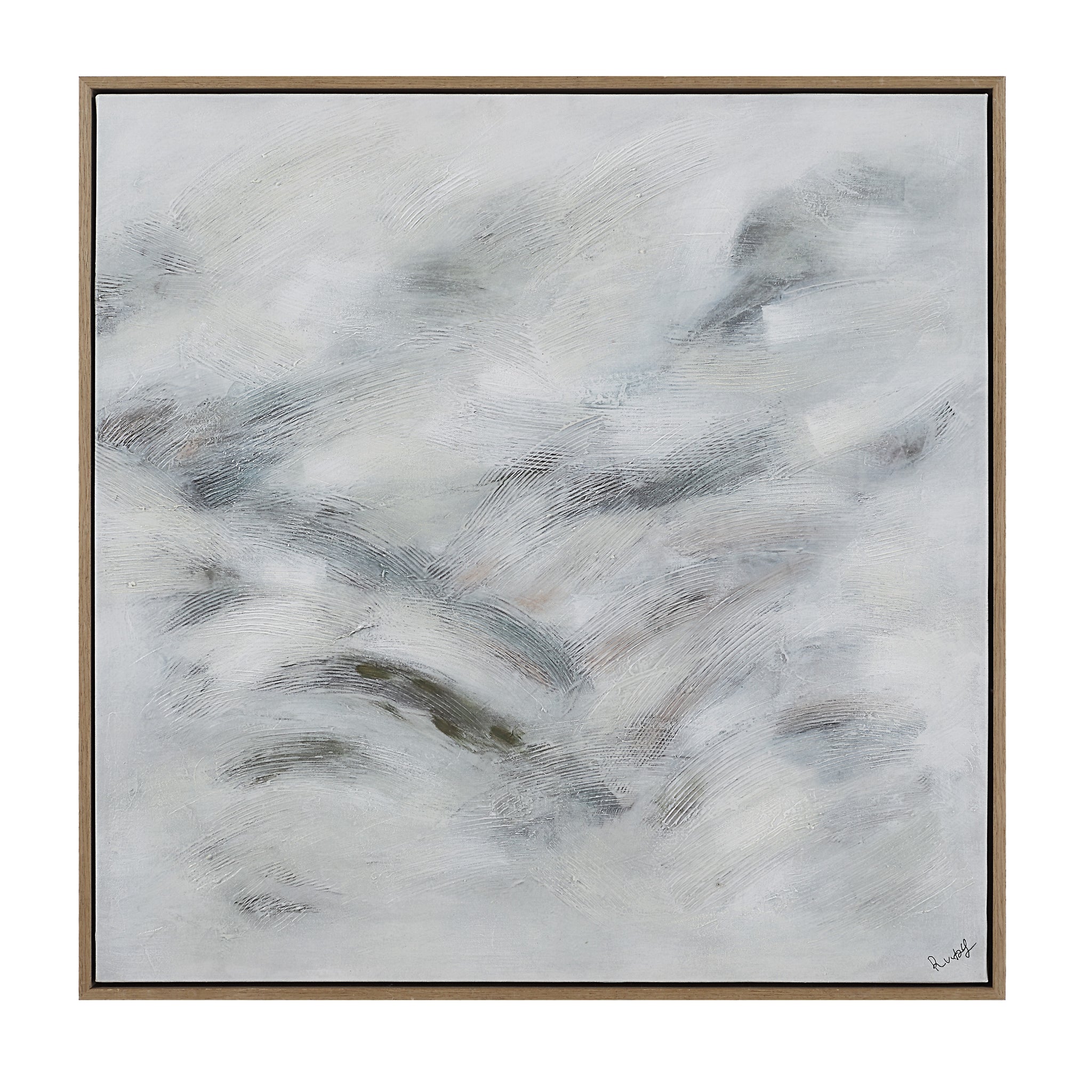 Becks canvas art by Renwil, displaying soft gray and green abstract patterns in a frame.