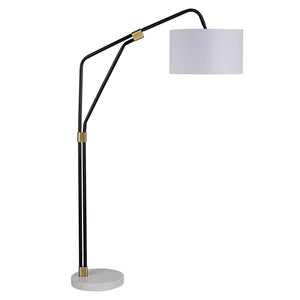 Wroxton Floor Lamp with black metal frame and white drum shade, featuring a marble base.