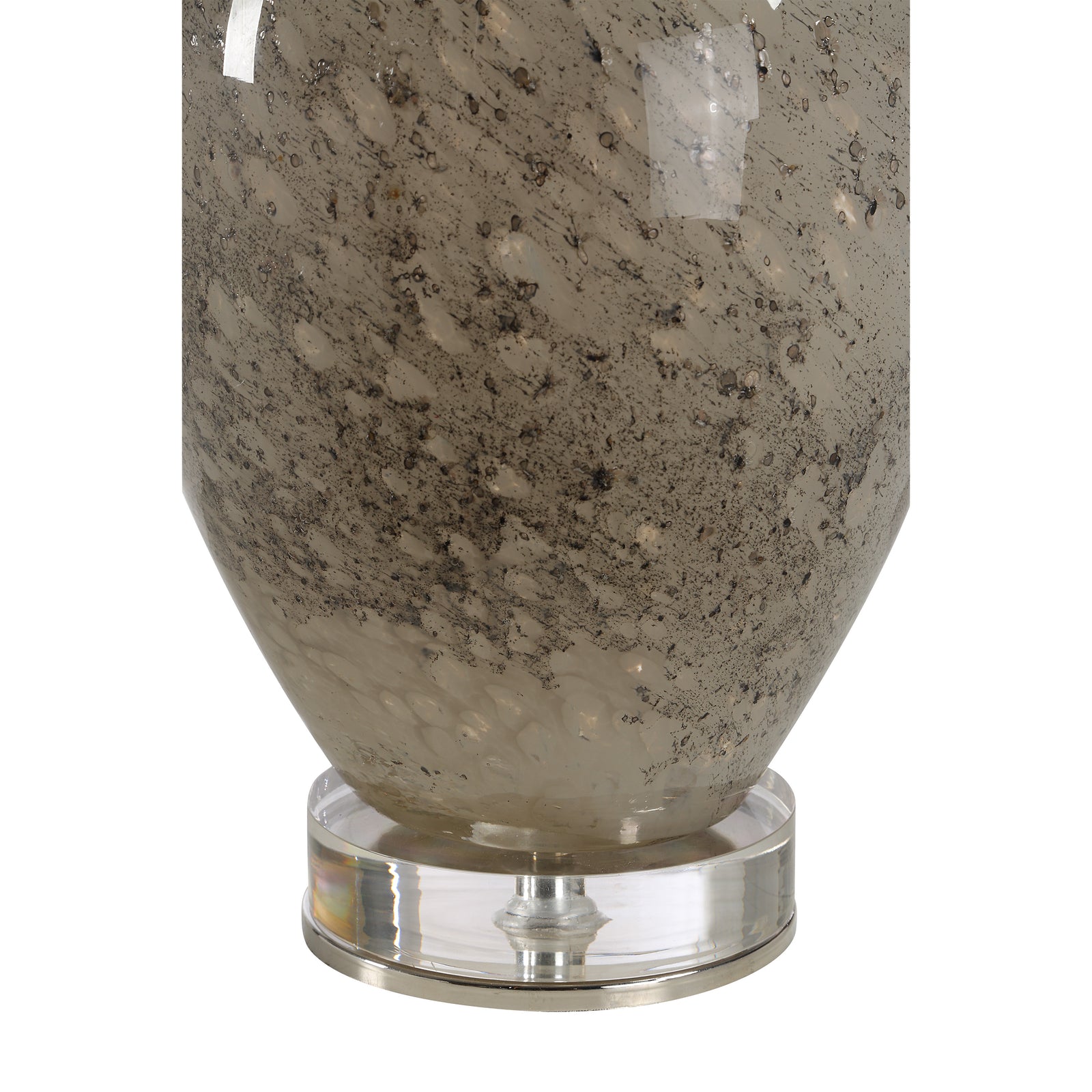 Vienne Table Lamp with a speckled gray glass base and white fabric shade.