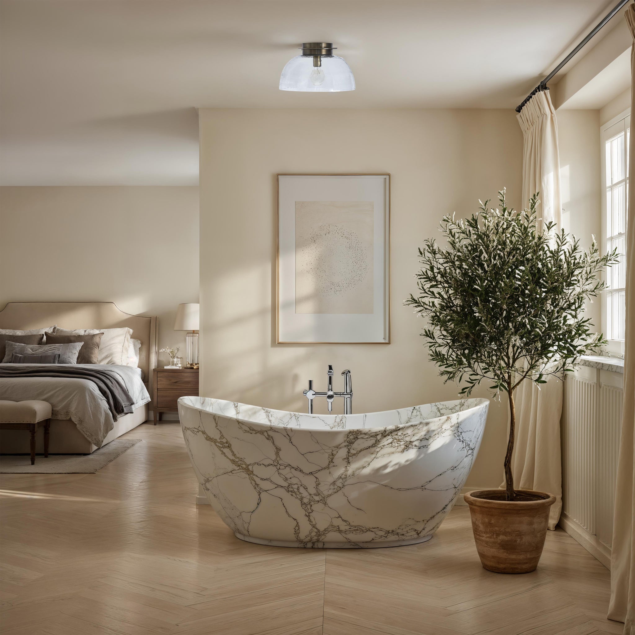 Liliane Flush Mount light installed in a bathroom setting above a marble tub.