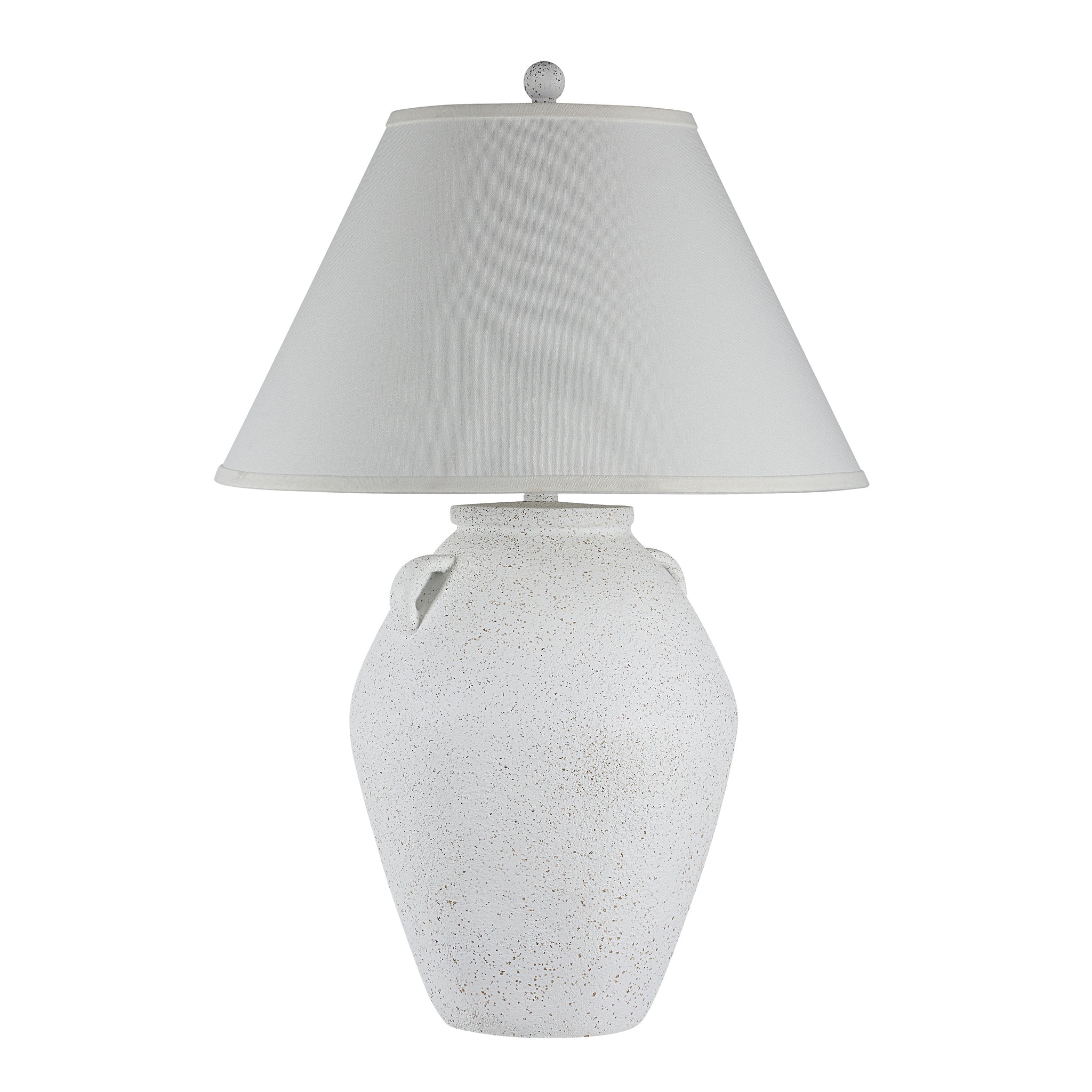 Aloria table lamp featuring a white ceramic base with speckles and a light gray shade