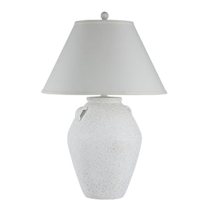 Aloria table lamp featuring a white ceramic base with speckles and a light gray shade