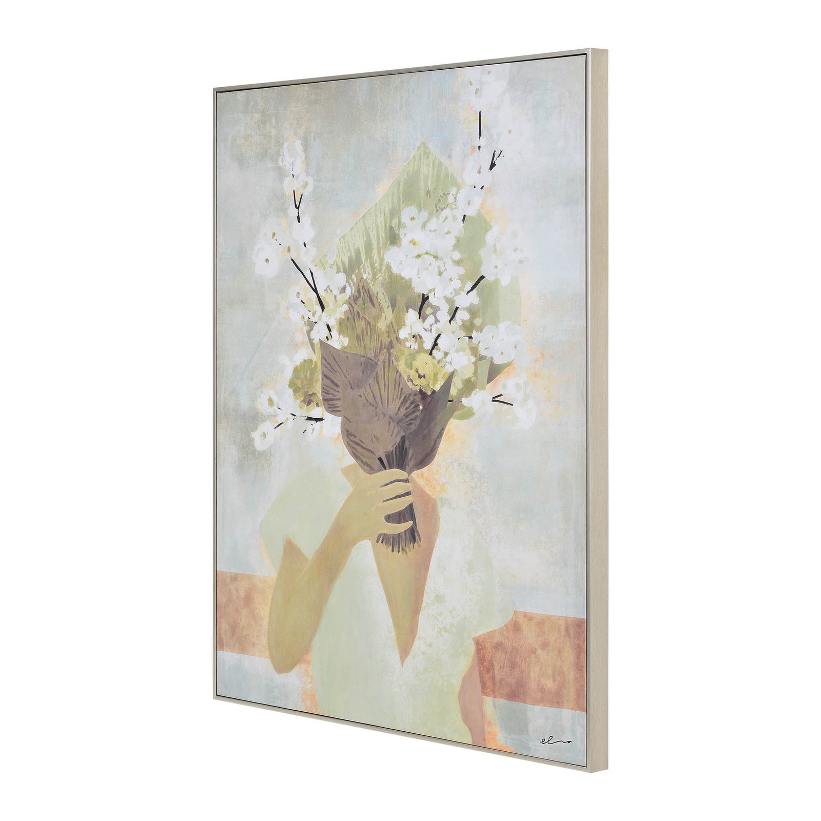 Casoria Canvas Art featuring a figure holding a bouquet of flowers in soft colors