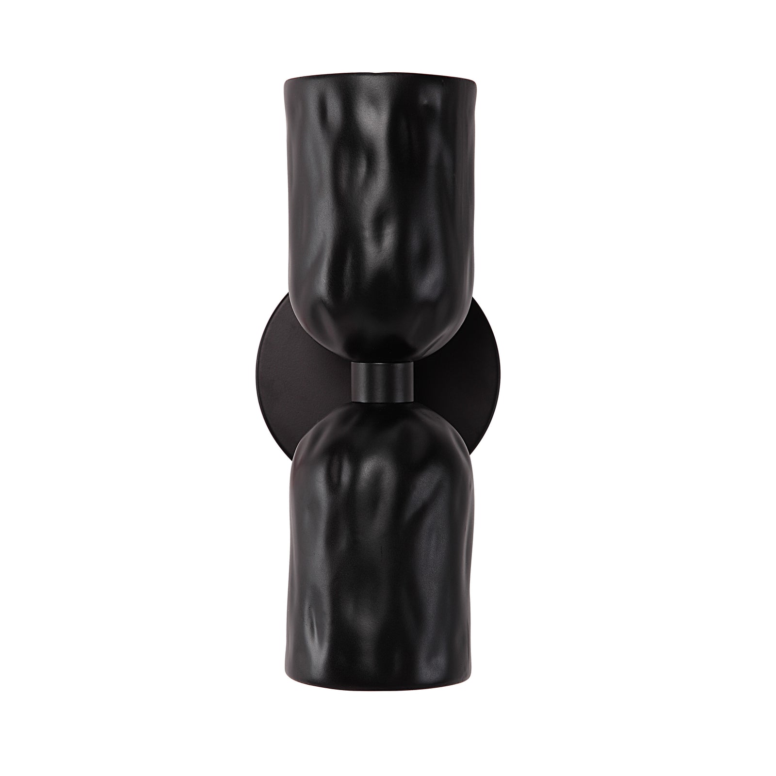 Alessia wall sconce in black with a textured, sculptural design and round backplate.