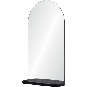 Lucila Wall Mirror featuring an arched design and black shelf, angled view