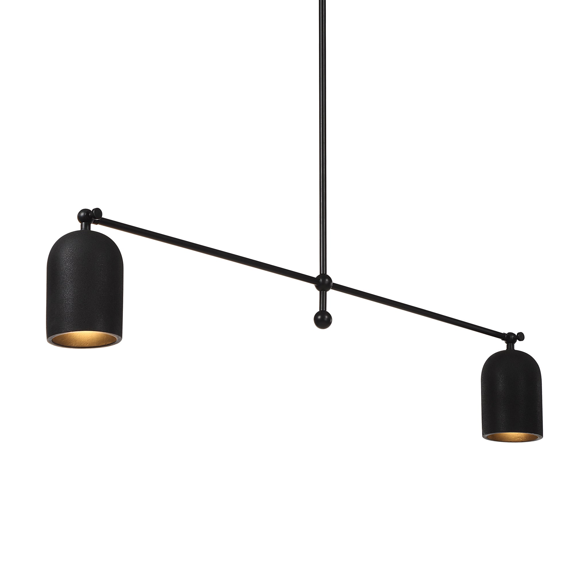 Saskia ceiling light fixture with two black shades, one showing a warm gold interior.